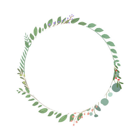 Circular frame decorated with plants, white background, green frameのイラスト素材