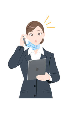Illustration of a woman on the phone, surprised on the phone, woman in a suit, white background.のイラスト素材