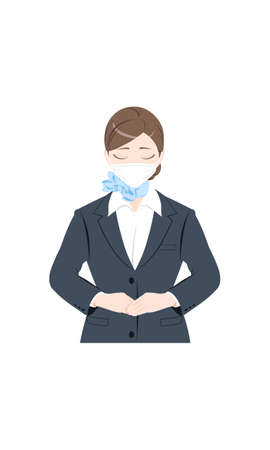 Illustration of a woman apologizing, wearing a mask, a woman in a suit, white backgroundのイラスト素材