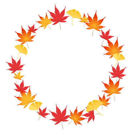A frame decorated with autumn leaves. Illustration of the frame. Decoration of beautiful colors of leaves. White background.のイラスト素材