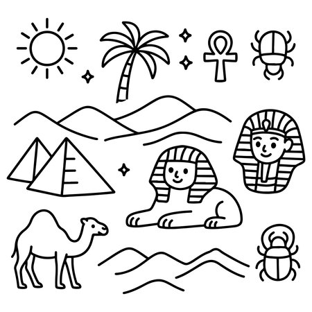 A set of simple line art illustrations featuring iconic Egyptian symbols such as pyramids, the Sphinx, a camel, scarab beetles, and the ankh cross.のイラスト素材