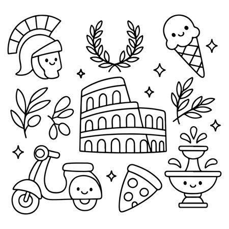 Collection of Italian themed doodles including food, architecture, and transportation.のイラスト素材