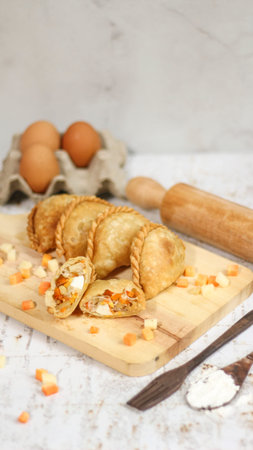 a close up of pastel cake which is a traditional indonesian food. filled with chicken, vegetables,...