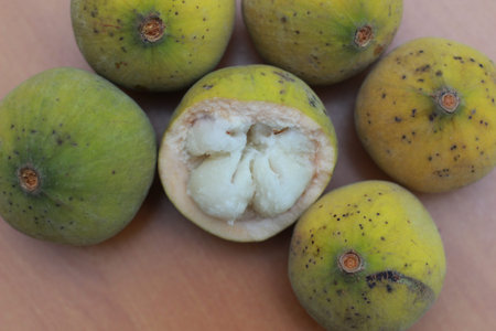 greenish yellow harp fruit isolated on money table has sweet and sour taste. Food concept photo.