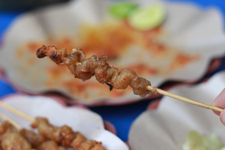 photo of chicken intestine satay and served with red chili sauce. Indonesian food called Sate...
