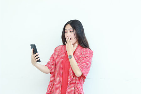 portrait of beautiful asian woman wearing red outfit looking at mobile phone with surprised...