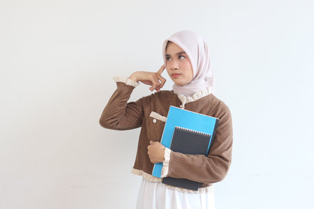 A young Muslim woman in a hijab thoughtfully holds notebooks, contemplating her studies.  She's against a plain white background.の写真素材