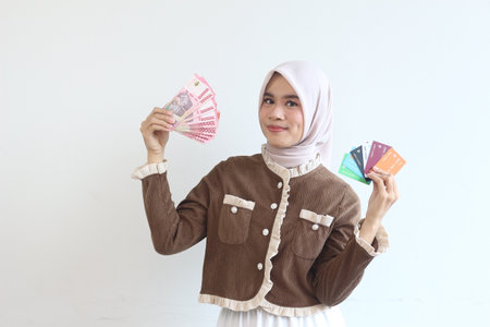A young Muslim woman in a hijab holds Indonesian rupiah banknotes and a fan of credit cards.  Financial success concept.の写真素材