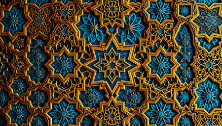 A mesmerizing image showcasing an intricate geometric pattern in gold and blue hues, reminiscent of Islamic art.  The design is both elegant and complex.の素材