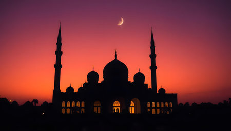 A majestic mosque is silhouetted against a vibrant sunset, a crescent moon adding to the scene's serenity.の素材