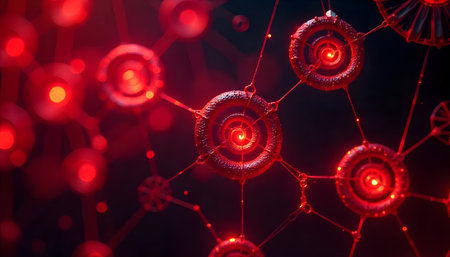 Abstract image of a red glowing network.  Circular structures connected by thin lines.の素材