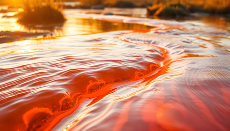 Close-up of a river at sunset, showcasing the warm, orange hues and the movement of the water.の素材