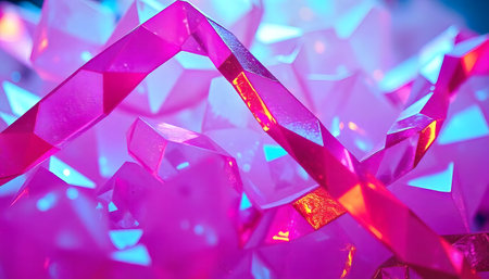 Close-up of a cluster of pink and purple crystals, illuminated with vibrant neon lighting. The image is abstract and artistic, showcasing the textures and facets of the gemstones.の素材