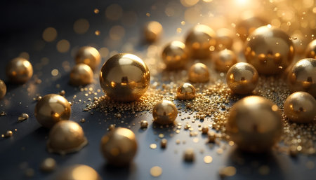 Abstract image of golden spheres scattered on a dark surface, creating a luxurious and elegant mood.の素材