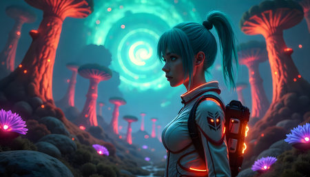 A futuristic female stands in a vibrant, otherworldly forest filled with glowing mushrooms and plants.の素材