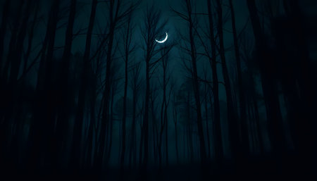 A crescent moon casts a pale light on a dark forest at night. Silhouetted trees stand tall, creating a mysterious and serene atmosphere.の素材