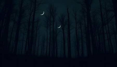 A mysterious forest at night, illuminated by two crescent moons. Dark trees create an eerie, yet serene atmosphere.の素材