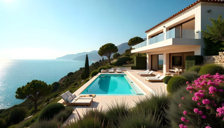 A stunning luxury villa boasts an infinity pool overlooking the breathtaking Mediterranean Sea.  The modern architecture and serene landscape create a perfect escape.の素材