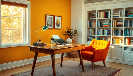 A bright and cozy home office featuring a vintage typewriter, a wooden desk, an orange armchair, and a large bookshelf filled with books.  Warm lighting and sunny window.の素材