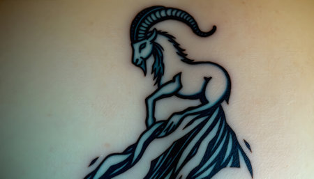 A close-up view of a stylish Capricorn tattoo. The design features a detailed goat climbing a rocky mountainの素材
