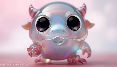 A charming 3D rendering of an iridescent baby dragon.  Digital art showcasing its cuteness.の素材