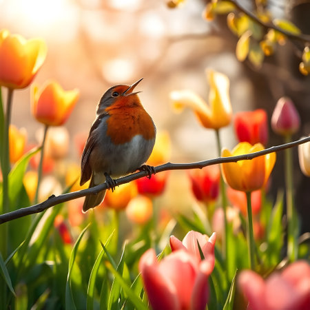 A robin perched on a branch sings happily amongst a vibrant spring garden full of colorful tulips, bathed in warm sunlight.の素材