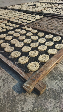 Lotus root slices drying on wooden racks outdoors with natural sunlight and shadows, creating a rustic and organic atmosphere ideal for food production and healthy eating marketing.の写真素材