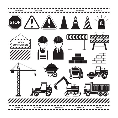 Construction Objects Silhouette Set, Black & White, Monochrome, Worker, Equipment, Vehicles,のイラスト素材