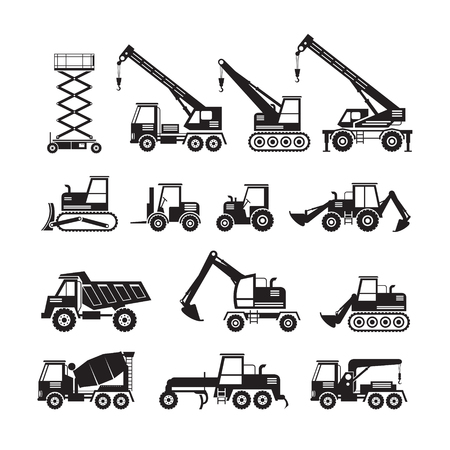 Construction Vehicles Objects Silhouette Set, Side View, Heavy Equipment, Machinery, Engineeringのイラスト素材