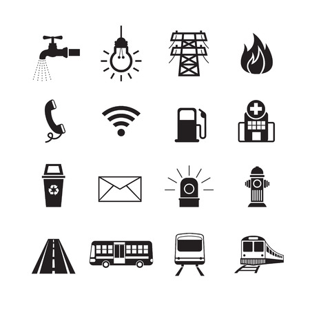 Public Utility Icons Silhouette Set, Water Supply, Electricity, Fuel, Road and Transportのイラスト素材
