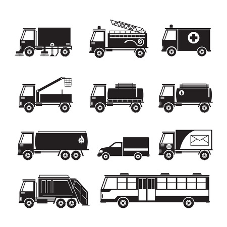 Public Utility Vehicles Object Silhouette Set, Waste, Oil, Water Supply, Electricity, Emergency, Truck and Busのイラスト素材