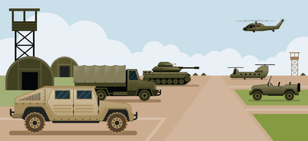 Military Base Camp, Side View with Army and Air Force Vehiclesのイラスト素材