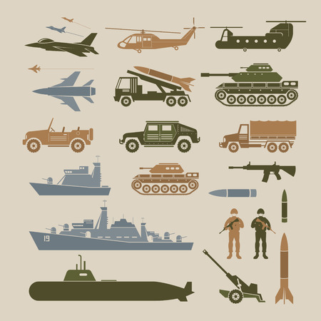 Military Vehicles Object Symbols Set, Side View, Army, Air Force, Navy, Marine, Iconsのイラスト素材