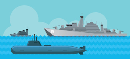 Warship and Submarine, Side View in the Sea, Navy, Patrol Ship, Flat Design Objectsのイラスト素材