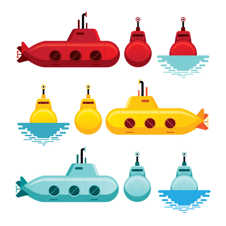 Submarine Cartoon Style, Yellow, Red and Blue, Side and Front Viewのイラスト素材
