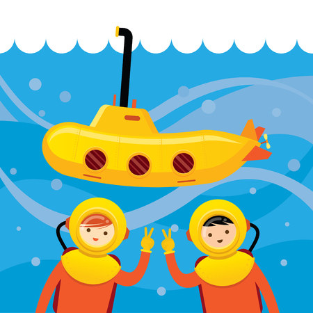 Yellow Submarine with Kids Diving under the Sea Travel, Researchのイラスト素材