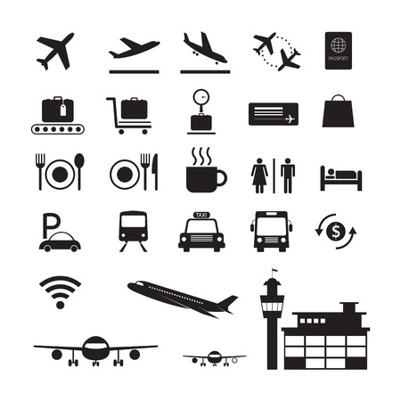 Airport Icons and Symbols Silhouette Set, Black and White, Sign, Objectのイラスト素材