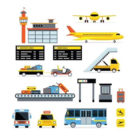Airport Object Flat Design Set, Plane, Vehicles, Terminal, Transportationのイラスト素材