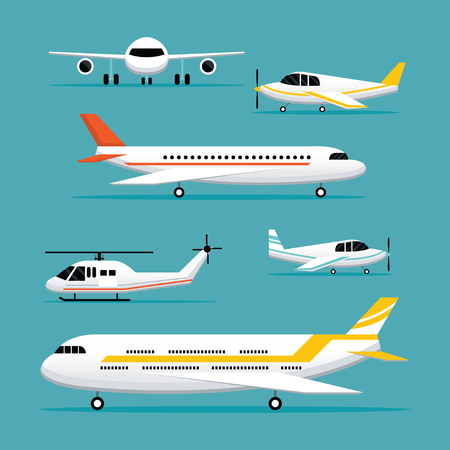 Plane, Light Jet Objects Flat Design Set, Aircraft, Commercial Aviation, Aerial Transportのイラスト素材