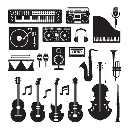 Music Instruments Silhouette Objects Set, Black and White Symbol and Icons Vectorのイラスト素材
