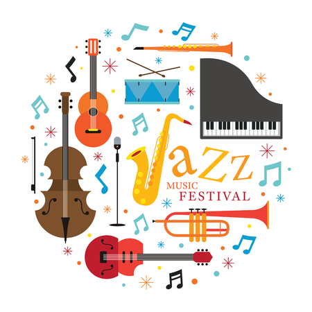 Jazz Music Instruments, Objects Label, Festival, Event, Live, Concertのイラスト素材