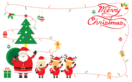Santa, Dog & Reindeer, Border & Backgroundのイラスト素材