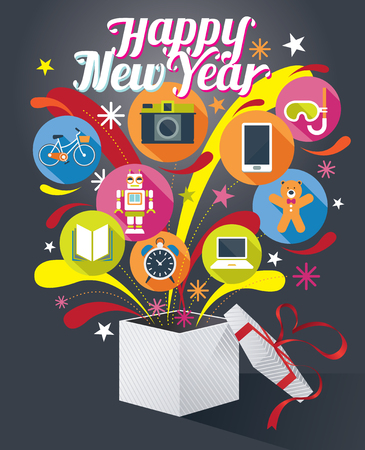 Gift Box with Happy New Year Text and Various Iconsのイラスト素材