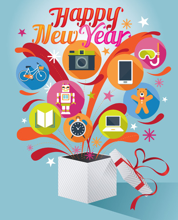 Gift Box with Happy New Year Text and Various Iconsのイラスト素材
