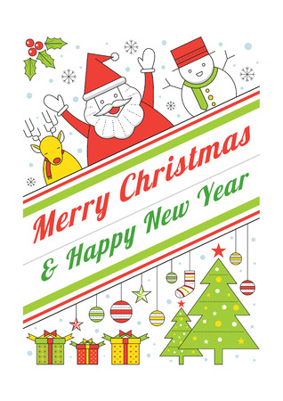 Christmas Characters, Line Style Poster, Santa Clause, Snowman, Reindeer. Holiday Event. Happy New Yearのイラスト素材