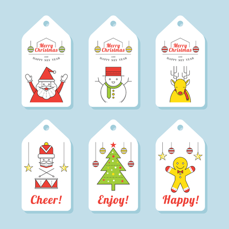 Christmas Characters, Line Design, Tag and Label, Santa Clause, Snowman, Reindeer, Pine Tree, Nutcracker and Gingerbreadのイラスト素材