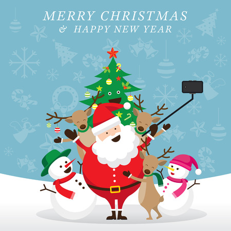 Christmas, Santa Claus and Friends Selfie, Snowman, Snowgirl, Reindeer, Pine Tree. Happy New Yearのイラスト素材