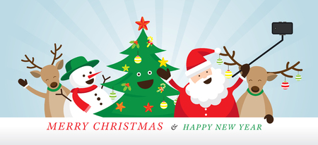 Christmas, Santa Claus and Friends Selfie, Snowman, Reindeer, Pine Tree. Happy New Yearのイラスト素材