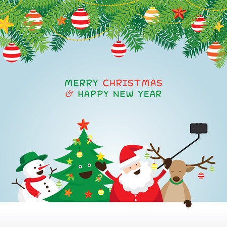 Christmas, Santa Claus and Friends Selfie, Pine Leaves Ornament, Snowman, Reindeer, Pine Tree. Happy New Yearのイラスト素材