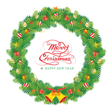 Christmas Pine Leaves Decoration, Wreath, Holiday Event. Happy New Yearのイラスト素材